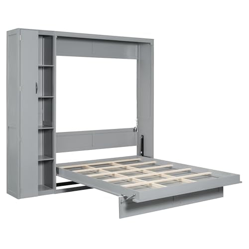 Harper & Bright Designs Queen Size Murphy Bed Wall Bed with Storage Shelves, Wardrobe and LED Lights, Space-Saving for Multipurpose Guest Room or Home Office, Gray Harper & Bright Designs
