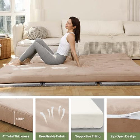 ZonLi Japanese Floor Futon Mattress 4" Thicken Tatami Mat Sleeping Pad 100% High Density Foam Foldable Dormitory Pad Tatami Mattress,for Floor Lounger Adult Pillow Bed Queen Size ZonLi