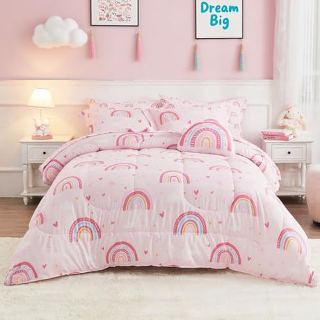 Mooreeke Bed in a Bag for Kids Girls Teens, 6 Pieces Twin Size Comforter Bed Set with Shams, Sheet Set and Decorative Toy Pillow, Rainbow Pink Super Soft Microfiber Kids Comforter Bedding Set Mooreeke