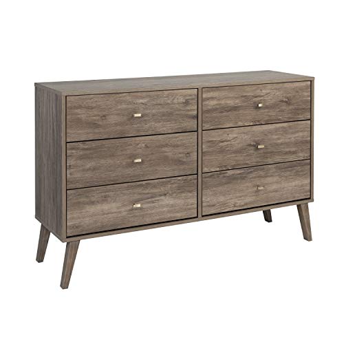 Prepac Milo Mid-Century 6 Drawer Dresser For Bedroom, 16" D x 52.25" W x 33" H, Drifted Gray Prepac