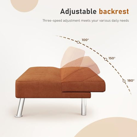 Furnimart Futon Sofa Bed, 66" Corduroy Convertible Futon Couch with 3-Position Adjustable Backrest, Solid Wood Frame Sleeper Sofa for Small Space, Living Room, Apartment, Office, Brown Furnimart