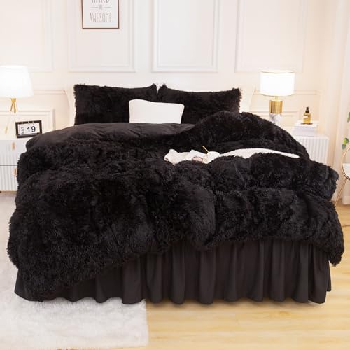 Andency Queen Comforter Set Black, Fluffy Winter Faux Fur Warm Soft Plush Bedding Comforter Set (1 Velvet Comforter & 2 Pillowcases), Fuzzy Thick Heavy Puffy Comforters Bed Set Andency