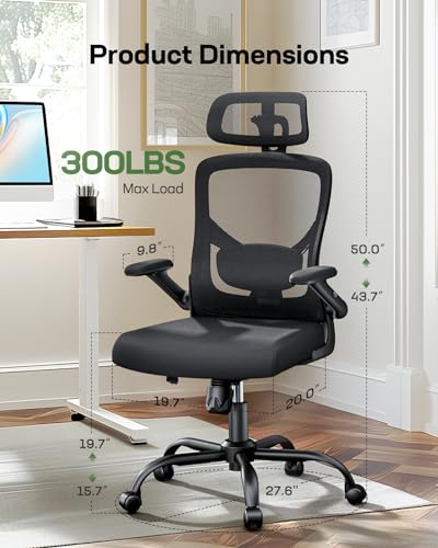 Marsail Ergonomic Mesh Office Chair High Back Desk Chair Adjustable Lumbar Support with Headrest Flip-Up Liftable Arms Swivel Computer Task Chair for Big and Tall People Marsail