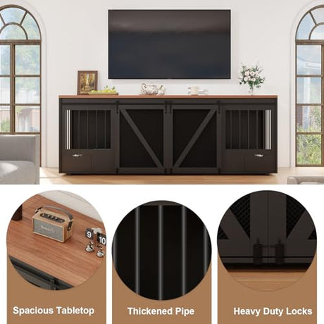 Large Dog Crate Furniture for 2 Dogs, 94.5" L Double Dog Kennel Furniture with Sliding Barn Door & Removable Bowl Drawers and Room Divide for Large & Medium Breeds MOWPEX