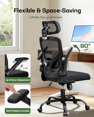 Marsail Ergonomic Mesh Office Chair High Back Desk Chair Adjustable Lumbar Support with Headrest Flip-Up Liftable Arms Swivel Computer Task Chair for Big and Tall People Marsail