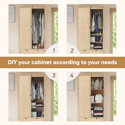 Brafab 74" Natural Rattan Woven Wardrobe Armoire Closet with Hanging Rod, Natural Wooden Armoires Storage Cabinet with Large Drawers and Adjustable Shelves, Tall Freestanding Wooden Closet for Bedroom Brafab
