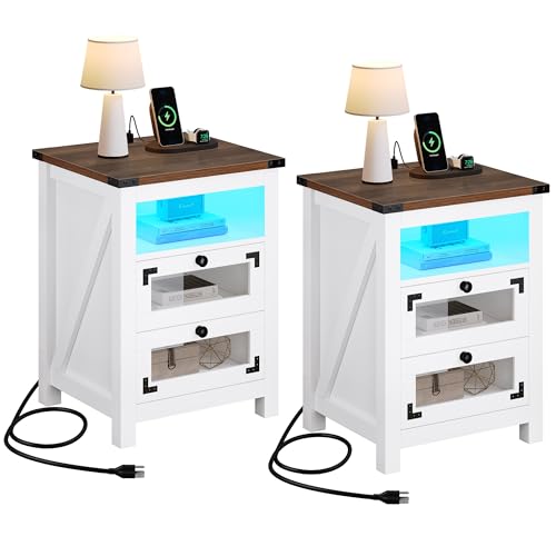 YITAHOME Farmhouse Nightstand with Charging Station, 2 Drawers Night Stand with LED Lights, Wood End Table Side Table with Storage, Nightstands Set of 2, Walnut + White