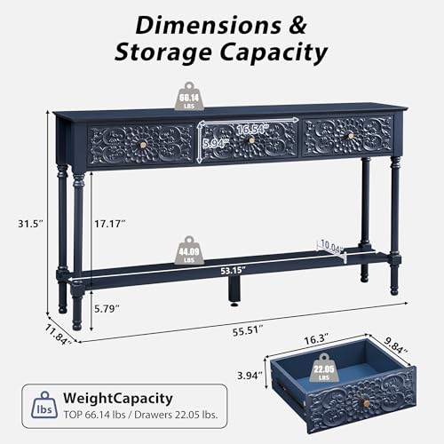 weselon 55.5" Carved Console Table with 3 Drawers, 2-Tier Sofa Table with Glossy Floral Surface and Solid Wood Legs, Mid-Century Modern Entryway Table for Living Room Hallway (Midnight Blue) weselon