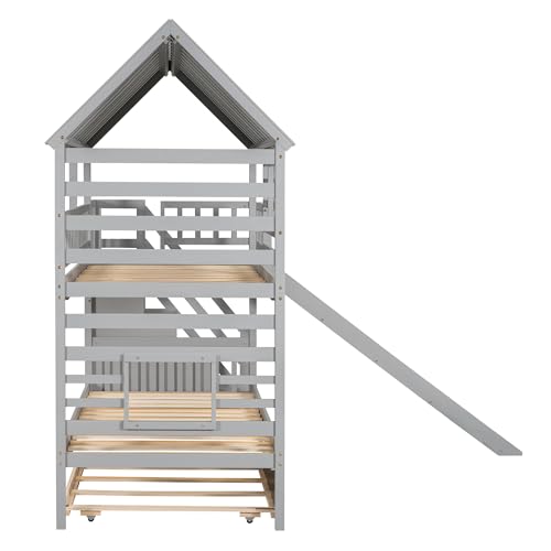 Ball & Cast Bunk Bed Twin Over Twin,House Bunk Bed with Trundle and Slide,Storage Staircase, Roof and Window Design, Full Length Guardrail,Suitable for Boys Girls Bedroom,Gray Ball & Cast