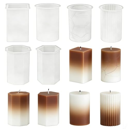 YRIHJIXQ 6Pcs Silicone Candle Molds Set Cylinder & Hexagon & Square Pillar Candle Molds with Different Textures for DIY Soy Wax Candles Resin Soap Plaster Home Decor 2.83in