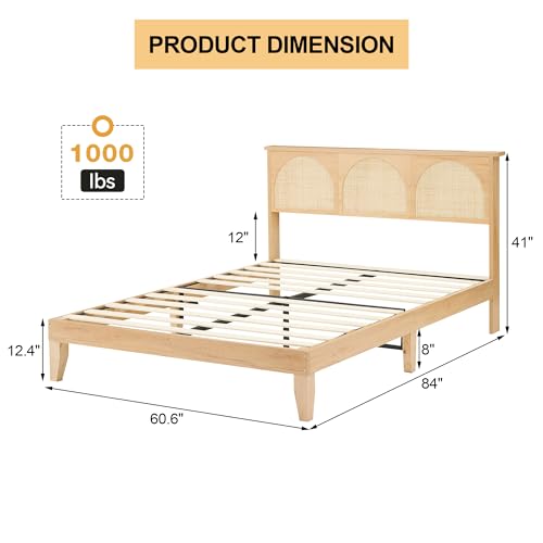 IDEALHOUSE Boho Queen Bed Frame with Natural Rattan Headboard and LED Lights - WoodArtSupply