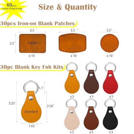 iFForce 60 Pcs Lasable Engravable Blanks - Leatherette Iron on Hat Patches & PU Leather Key Fob Kit for DIY Custom Laser Engraving Craft Gifts iFForce
