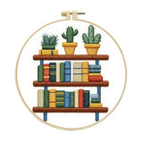 Zhenqing Bookshelf with Cactus Embroidery Kit for Beginners, Circular Design on Pre-Printed 29x29cm Cotton Fabric with 20cm Hoop, Book Lover & Plant Decor (C0072)