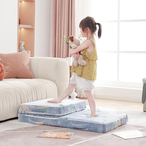 Givjoy Foldable Floor Mattress for Kids, Glow in The Dark Dinosaur Toddler Washable Folding Floor Mat for Nap Daycare, Child Trifold Futon Sofa Bed with Storage Bag for Playroom Girls and Boys Blue Givjoy