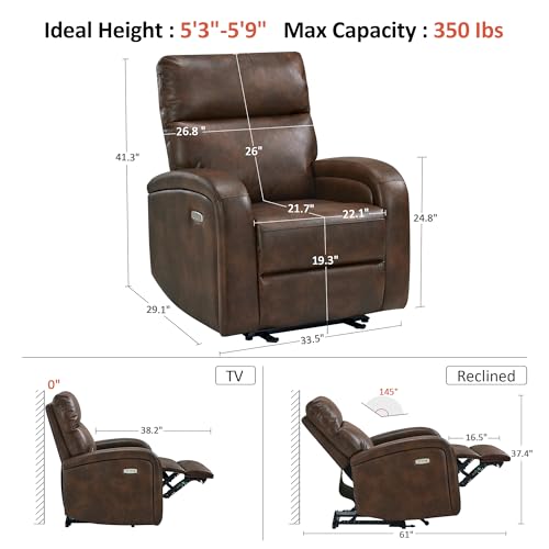 MCombo Zero Wall Recliner Chair, Power Wall Hugger Recliner with USB & Type-C Dual Charge Ports for Small Space, Living Room, RV PR644 (Dark Brown)