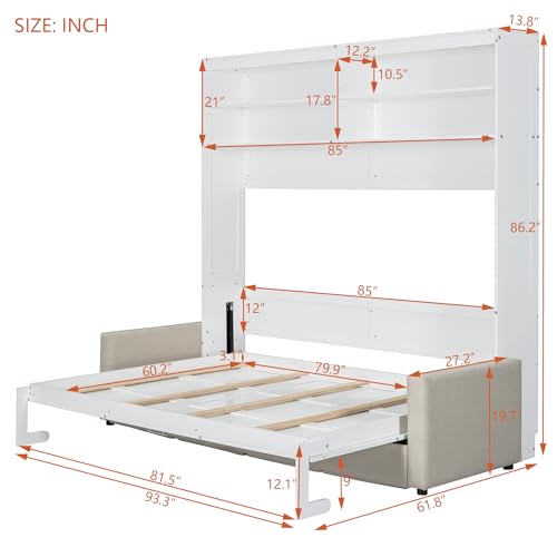 LZ LEISURE ZONE Queen Size Murphy Bed, Wooden Queen Murphy Bed with Sofa, Cushion and Shelves, White LZ LEISURE ZONE