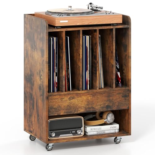 Giantex Record Player Stand, Rolling Turntable Stand with Drawer & Lockable Wheels, Record Player Table Holds Up to 150 Albums, Vinyl Record Storage for Living Room Bedroom, Rustic Brown Giantex