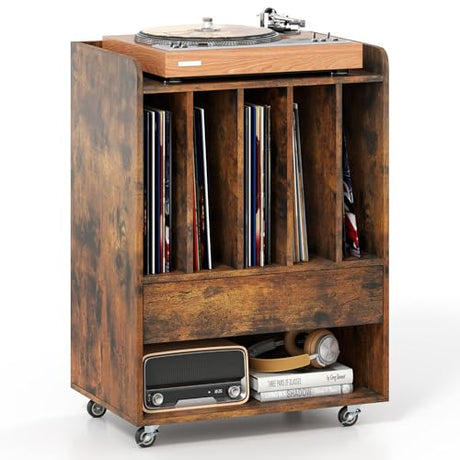 Giantex Record Player Stand, Rolling Turntable Stand with Drawer & Lockable Wheels, Record Player Table Holds Up to 150 Albums, Vinyl Record Storage for Living Room Bedroom, Rustic Brown Giantex