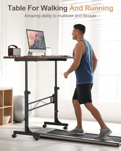 Small Standing Desk Adjustable Height, Mobile Stand Up Desk with Wheels, 32 Inch Portable Rolling Desk Small Computer Desk, Portable Laptop Desk Standing Table Rustic Amztabler