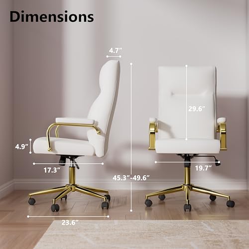 GXJ White and Gold Office Chair Memory Foam, White Leather Computer Desk Chairs with Wheels and Arms, High Back Executive Office Chair for Girl and Women GXJ