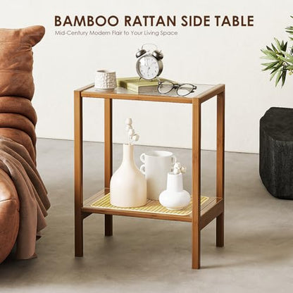 Bamworld Side Table End Table Rattan Night Stand for Small Spaces Bedroom, Living Room, Rattan Glass Bamboo Coffee Bedside End Table 2-Tier with Storage Boho