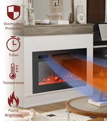 Maxhonor Electric Fireplace Inserts Freestanding Heater for The Living Room Floating Fireplace with 12 LED Colors with Logset and Stones,1500W/750W (30inch with Mantel,White) Maxhonor