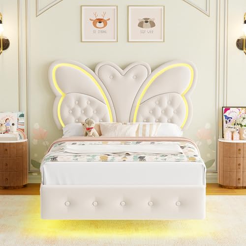 Keyluv Twin Bed Frame Butterfly-Pattern Upholstered Headboard, Modern Floating Bed with LED Lights Button Tufted on Headboard and Footboard, Slats Support No Box Spring Needed, Noise-Free, Beige Keyluv