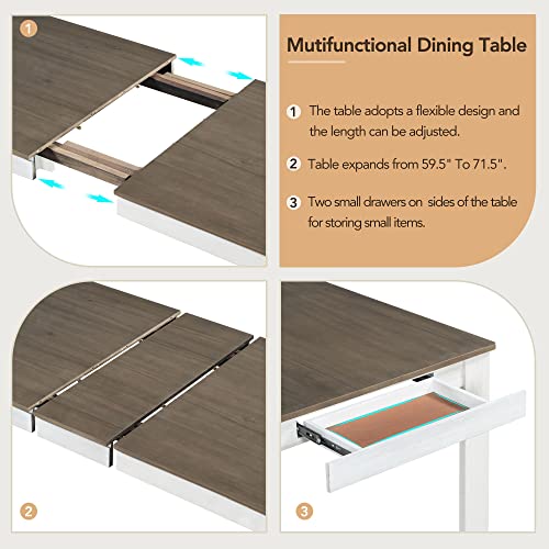 LUMISOL Solid Wood 7 Piece Kitchen Table Set with Chairs Farmhouse Extendable Dining Room Table Set with Storage Drawer for 6, Brown+White LUMISOL