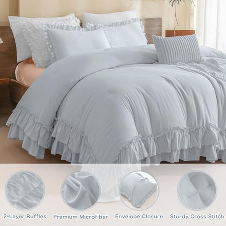 Masaca Ruffled Comforter Set for Queen Bed,3 Pieces Vintage Farmhouse Shabby Bedding Set Lightweight Ultra Soft French Country Bedding (1 Cornflower Blue Comforter +2 Pillowcases) Masaca