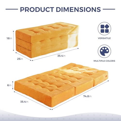 MAXYOYO Tri-Fold Mattress, 6 Inch Tufted Folding Futon Bed, Foldable Floor Couch Guest Bed Futon Portable Camping Sleeping Mat with Corded Fabric, Orange MAXYOYO