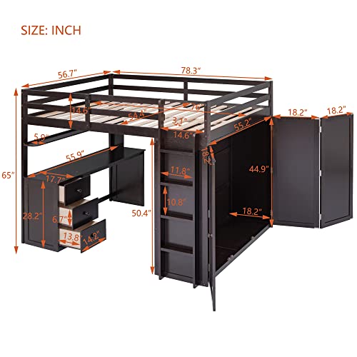 BOVZA Full Wooden Loft Bed Frame with Desk, Wardrobe, and Storage in Espresso - WoodArtSupply