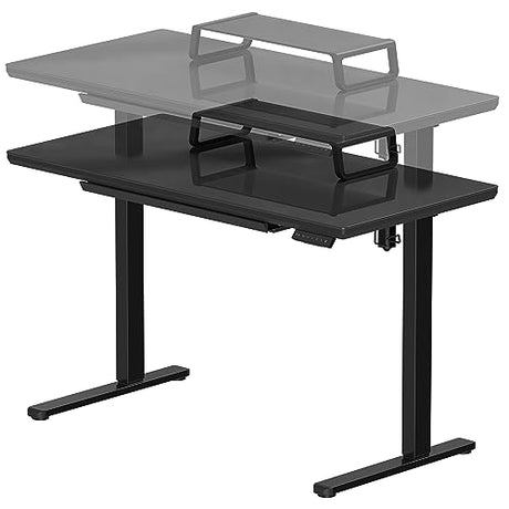 SHW 48x24 Glass Electric Height Adjustable Standing Desk – Motorized Sit Stand Desk with Monitor Riser, Pull-Out Drawer, Memory Presets, Black SHW