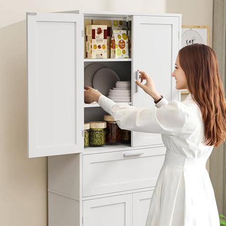 Iwell Tall Storage Cabinet with Adjustable Shelf & 1 Large Drawer, Pantry Cabinet with 4 Doors, Bathroom Cabinets, Kitchen Cabinets for Dining Room, Living Room, Home Office, White Iwell
