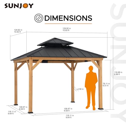 Sunjoy 11 x 11 ft. Wood Gazebo Standard Cedar Framed Gazebos with Black Double Steel Hardtop Roof for Garden, Backyard Shade, Matte Black Roof + Natural Wood Frame Sunjoy
