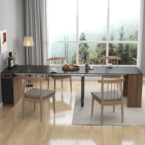 24"-118" Extendable Dining Table with Storage for 2-12 People, Modern Space-Saving Extra Long Wood Folding Table with USB & AC Outlets, Multifunctional Conference Meeting Desk, Black & Walnut DMAITH