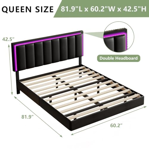IMMERSTABLE Floating Bed Frame Queen, Queen Upholstered Bed Frame with Headboard, RGB LED Ligths, Solid Wood Slats Support, No Box Spring Needed, Noise-Free, Easy Assembly, Black IMMERSTABLE