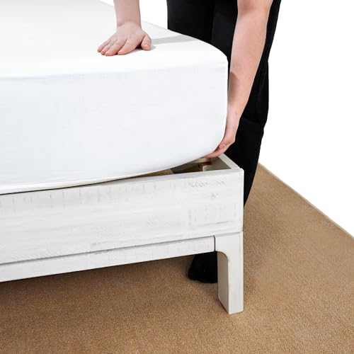 Bme Ethan Solid Wood King Bed Frame with Diamond Headboard - Rustic & Mid-Century Modern - Acacia Wood Platform Bed - Compatible with All Mattresses - No Box Spring Needed - Rustic White Bme