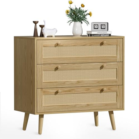 infurnic 3 Drawer Rattan Dresser for Bedroom, Modern Wooden Dresser Chest with Handles for Bedroom, Hallway and Living Room, Wood Oak infurnic