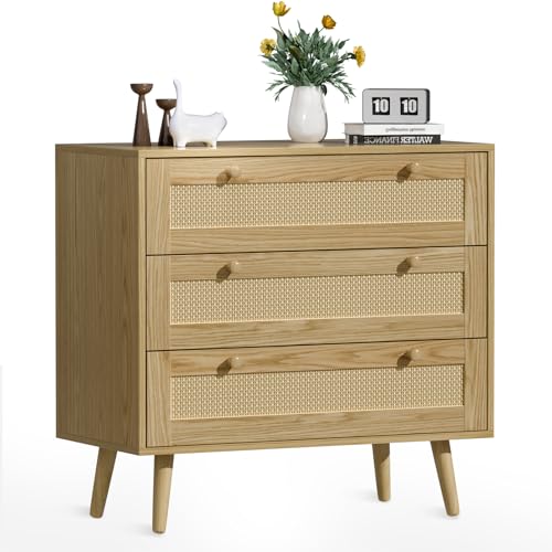 infurnic 3 Drawer Rattan Dresser for Bedroom, Modern Wooden Dresser Chest with Handles for Bedroom, Hallway and Living Room, Wood Oak - WoodArtSupply