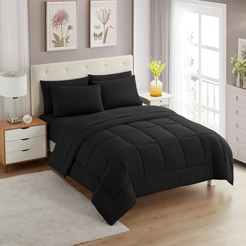 Sweet Home Collection 7 Piece Comforter Set Bag Solid Color All Season Soft Down Alternative Blanket & Luxurious Microfiber Bed Sheets, Black, Queen Sweet Home Collection