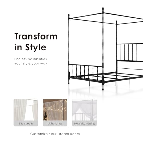 Furniture of America Vaeli Modern Metal King Size Four Poster Bed Frame with Spindles, Canopy Bedframe for Bedroom, Guest Room, Box Spring Required, Black