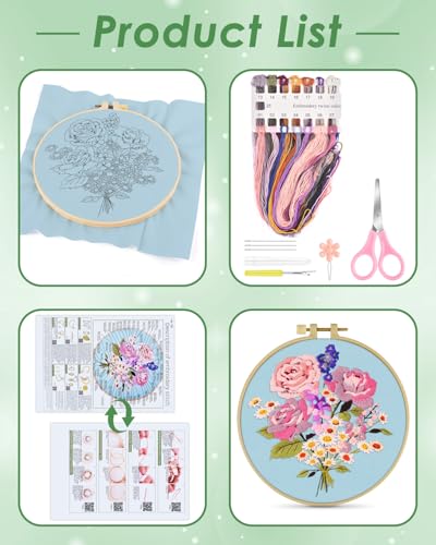 ERKOON Embroidery Kit for Beginners, Flower Cross Stitch Set for Include Embroidery Cloth Hoops Threads for Craft Lover Hand Stitch with Embroidery Skill Techniques (Bouquet) ERKOON