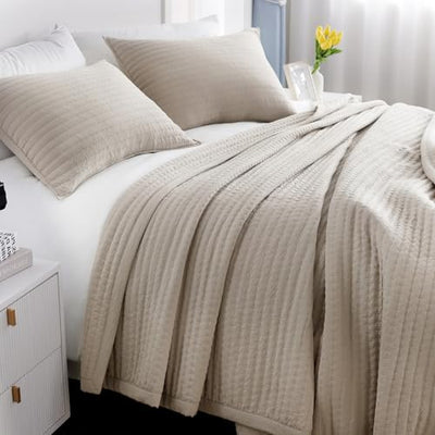 Queen Quilt Set – 90"x90" Soft Washed Lightweight Bedspread with Multi-Lock Quilting, Minimalist Nordic Bedding, All-Season Quilt for Spring, Summer & Fall (1 Quilt + 2 Pillow Shams), Oatmeal
