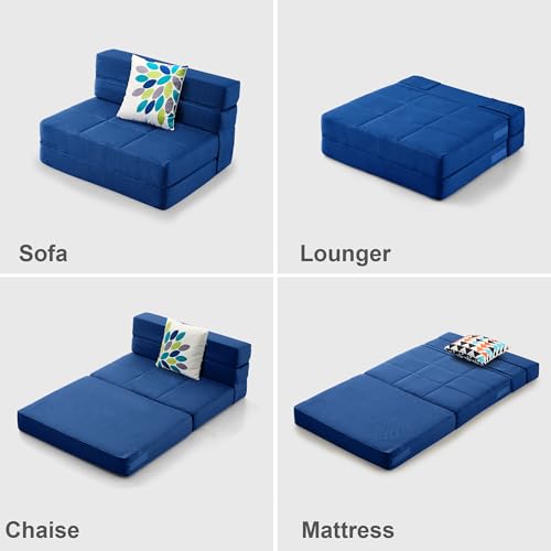 ARTPLAN Fold Sofa Bed-Sleeper Single with Pillow, Modern Futon Sleeper Chair Guest Bed with Washable Linen Cover, Foldable Mattress for Living Room, Dorm, Apartment,Dark Blue ARTPLAN