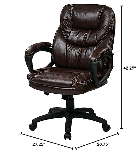 Office Star FL Series Faux Leather Manager's Adjustable Office Chair with Lumbar Support and Padded Arms, Chocolate Office Star Products