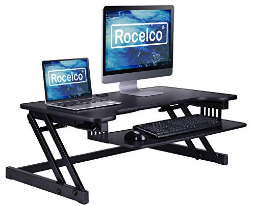 Rocelco 37.5" Deluxe Height Adjustable Standing Desk Converter - Quick Sit Stand Up Dual Monitor Riser - Gas Spring Assist Computer Workstation - Large Retractable Keyboard Tray - Black (R DADRB) Rocelco
