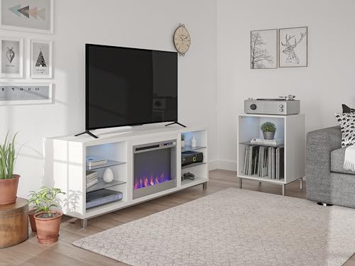 Ameriwood Home Lumina Fireplace TV Stand for TVs up to 70 Inch, Replaceable Electric Fireplace Insert Heater, Remote Control, Timer, Color Changing LED Lights, Crystal Ember Flames, White Ameriwood Home