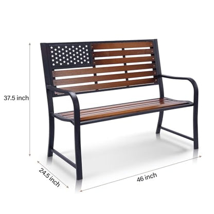 BACKYARD EXPRESSIONS PATIO · HOME · GARDEN Wooden Flag Bench Metal American Patio/Porch Slats-46 Width, 24" Deep Seat, Natural - WoodArtSupply