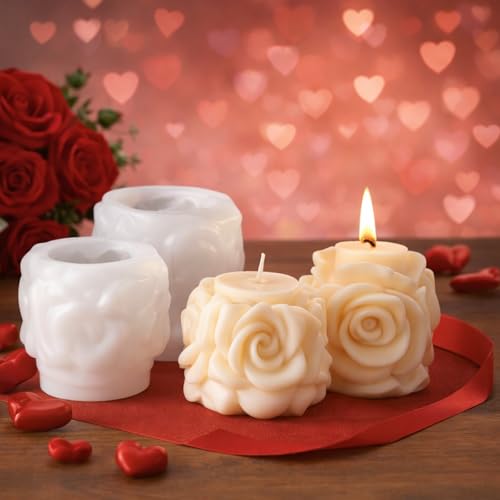 Rose Candle Molds Valentines Rose Silicone Mold Flower Shape Soap Molds Roses Flower Column Candle Molds for Candles Making Soap DIY Polymer Clay Craft Plaste Epoxy Resin Valentine Mother Day Decor