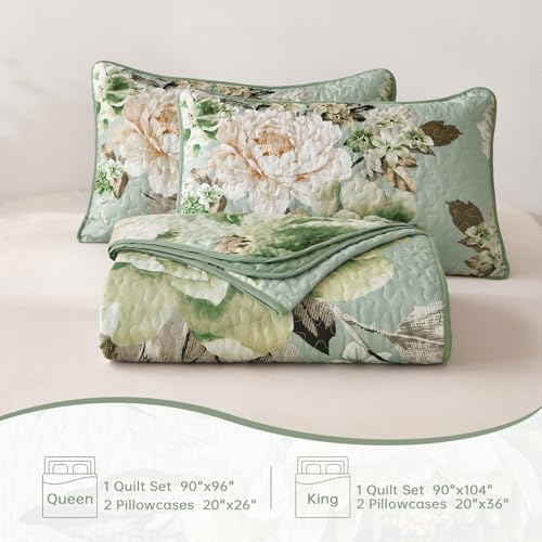 WONGS BEDDING Sage Green Floral Quilt Set King, 3 Pieces Elegant Flower Bedspread Coverlet for All Season Reversible Soft Microfiber Lightweight Quilt Bedding Set with 2 Pillow Shams 104"X90" WONGS BEDDING